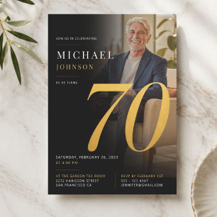 Minimalistisk Modern Foto Svart och Guld 70-årsda Inbjudningar