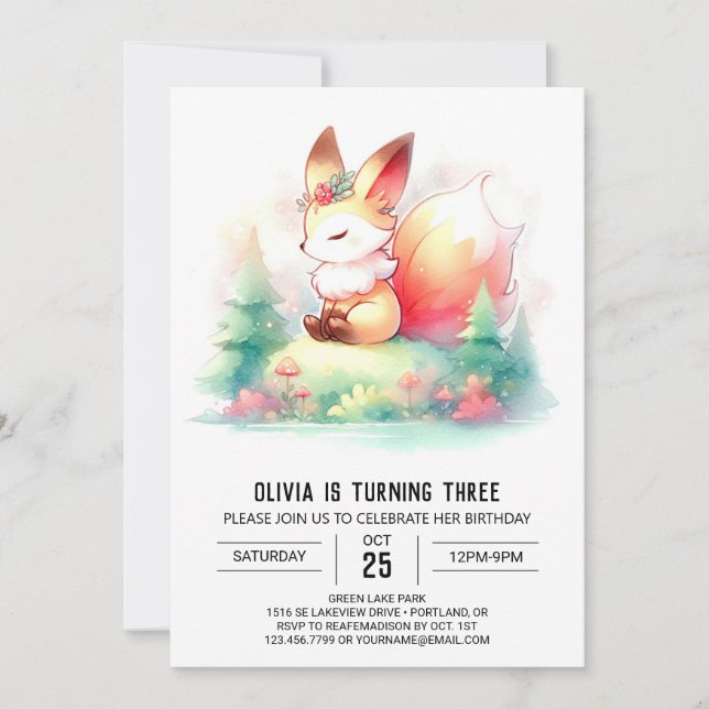 Minimalistisk modern fox Birthday digital Inbjudningar (Framsida)
