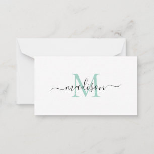 Minimalistisk Modern Girly Monogram Script Mint-Gr Anteckningskort