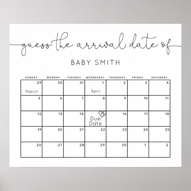 Minimalistisk Modern Gissa Baby förfallodatumkalen Poster (Framsidan)