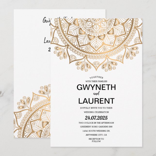 Minimalistisk modern Golden Luxury Mandala Bröllop Inbjudningar (Fram/baksida)