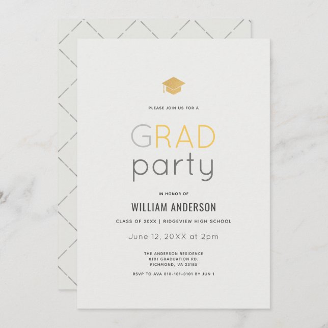 Minimalistisk Modern Grått Guld Studentfest Inbjudningar (Fram/baksida)