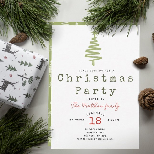 Minimalistisk Modern Grönt Typewriter Julgran Inbjudningar (Skapare uppladdad)