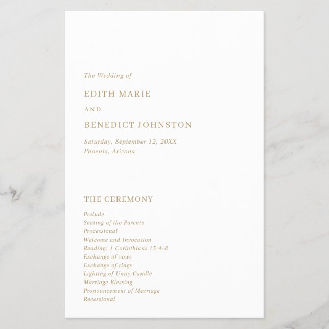 Minimalistisk modern guldbröllopsprogram flygblad (Framsidan)