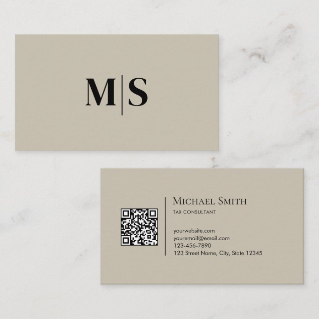 Minimalistisk Modern Initialer QR-kod Svart på Bei Visitkort (Fram/baksida)