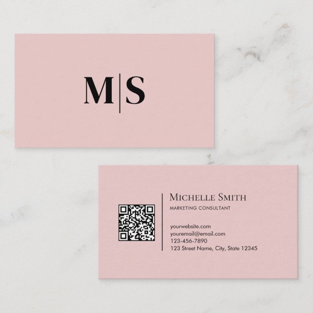 Minimalistisk Modern Initialer QR-kod Svart på Ros Visitkort (Fram/baksida)