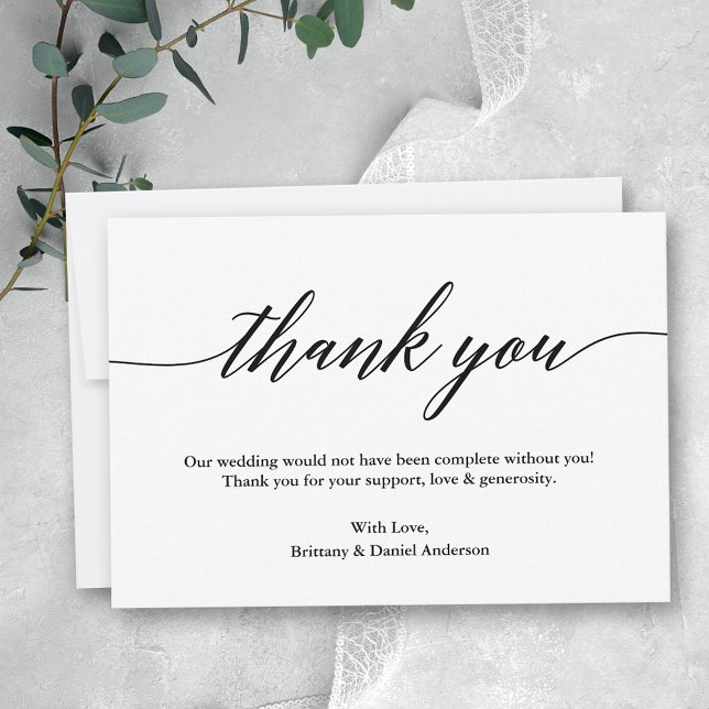 Minimalistisk modern kalligrafi Bröllop Tack Kort (Customize to change your personalized text size or to add more text or photos to back of card.)