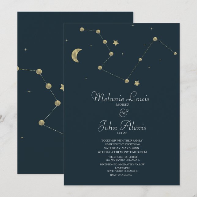 Minimalistisk Modern Konstellation Guld Folie Bröl Inbjudningar (Fram/baksida)