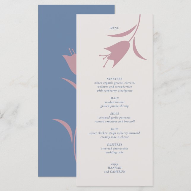 Minimalistisk Modern Lila & Dammig Blå Blommig Brö Meny (Fram/baksida)