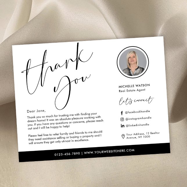 Minimalistisk Modern Logotyp Real Gods Photo Tack Kort (Minimalist black and white real estate thank you cards with photo and custom message)