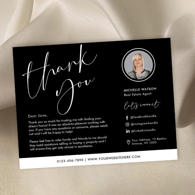 Minimalistisk Modern Logotyp Real Gods Photo Tack Kort (Minimalist black and white real estate agent thank you cards with photo and logo)