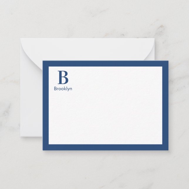 Minimalistisk modern marinblå randmonogram anteckningskort (Framsida)