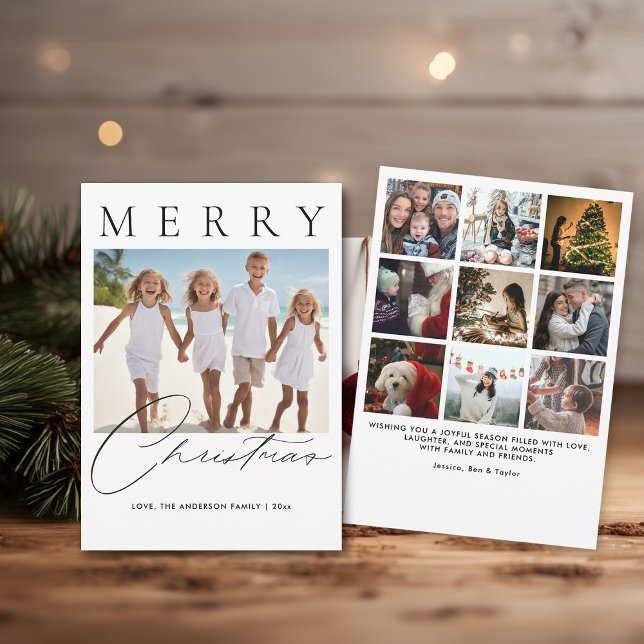 Minimalistisk Modern Merry Photo-julfamilj Julkort (christmas card photo collage modern minimalist typography simple contemporary black white)