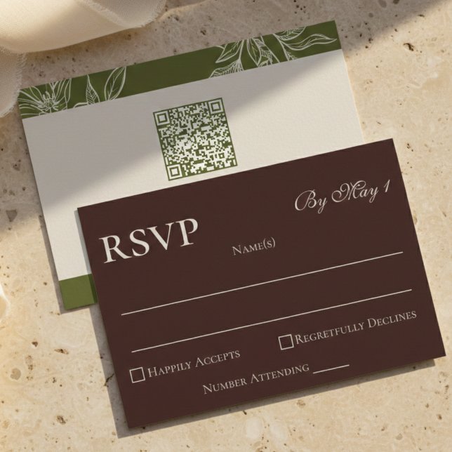 Minimalistisk Modern Mousse Brown QR-Bröllop OSA Kort (Rustic Brown Floral QR RSVP Card)