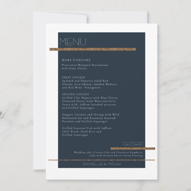 Minimalistisk Modern Navy Antiqued Guld White Menu Inbjudningar (Framsida)
