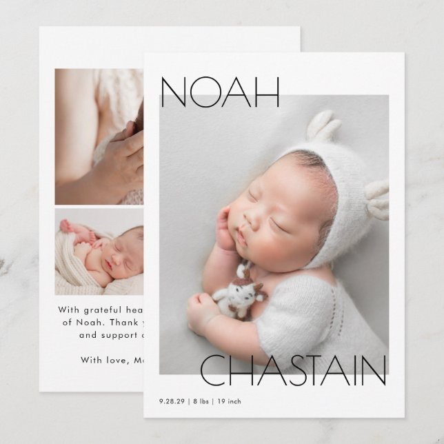 Minimalistisk Modern Nyfödd Bebis Fotokollage Föde Meddelande (Fram/baksida)