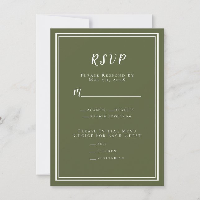 Minimalistisk Modern Olivgrön Bröllops-RSVP-Meny (Framsida)