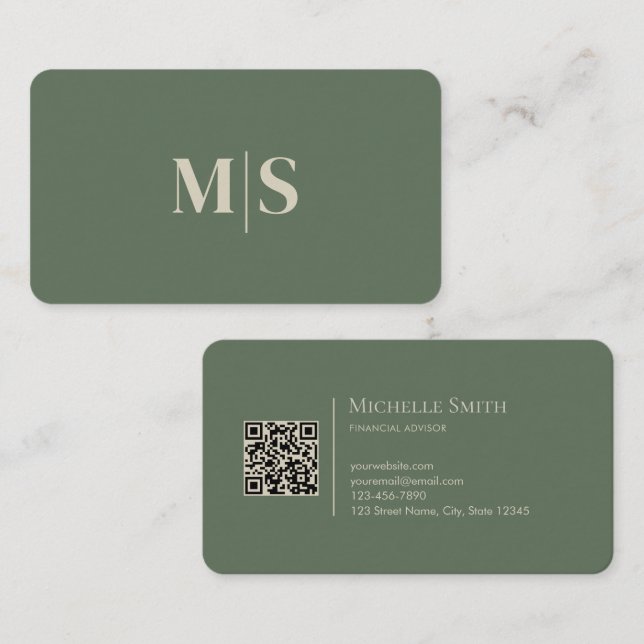 Minimalistisk Modern Olivgrön Första Bokstav QR-ko Visitkort (Fram/baksida)