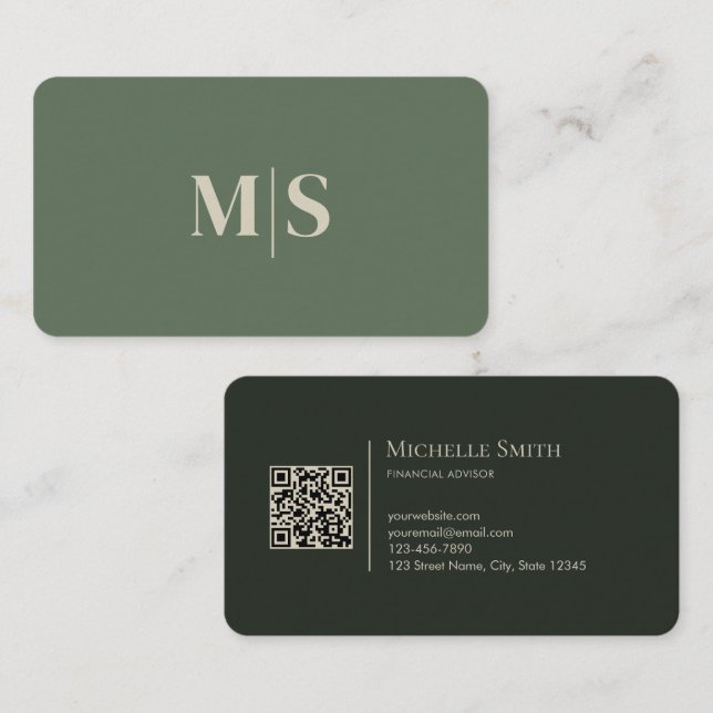 Minimalistisk Modern Olivgrön Initialer QR-kod Visitkort (Fram/baksida)