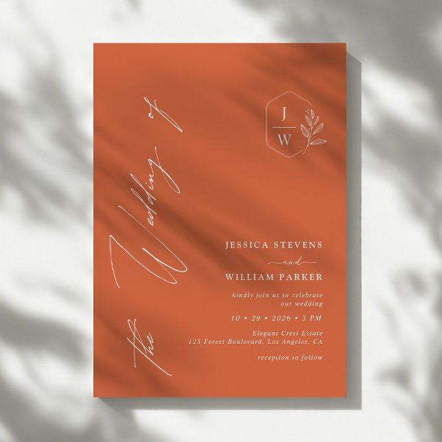 Minimalistisk Modern Orange Monogram Vapensköld Br Inbjudningar (Skapare uppladdad)