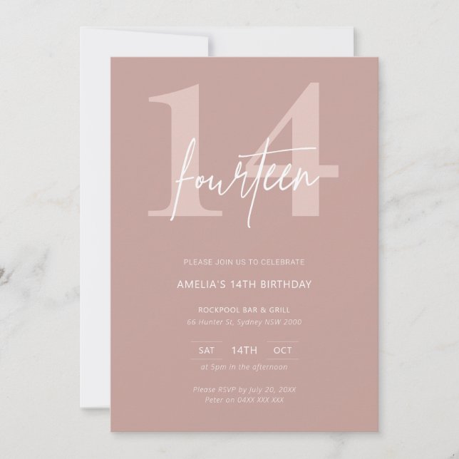 Minimalistisk modern Rosa 14:e Födelsedagsfesten Inbjudningar (Framsida)