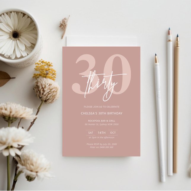Minimalistisk modern Rosa 30års födelsedag Party Inbjudningar (Skapare uppladdad)