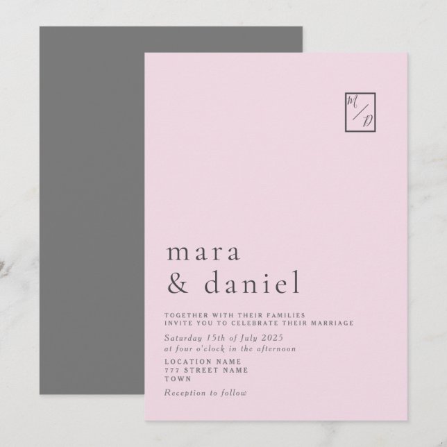 Minimalistisk modern rosa bröllopsinbjudan inbjudningar (Fram/baksida)