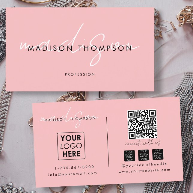 Minimalistisk Modern Rosa QR Code Social Media Log Visitkort (Minimalist Modern Pink QR Code Social Media Logo Business Card)