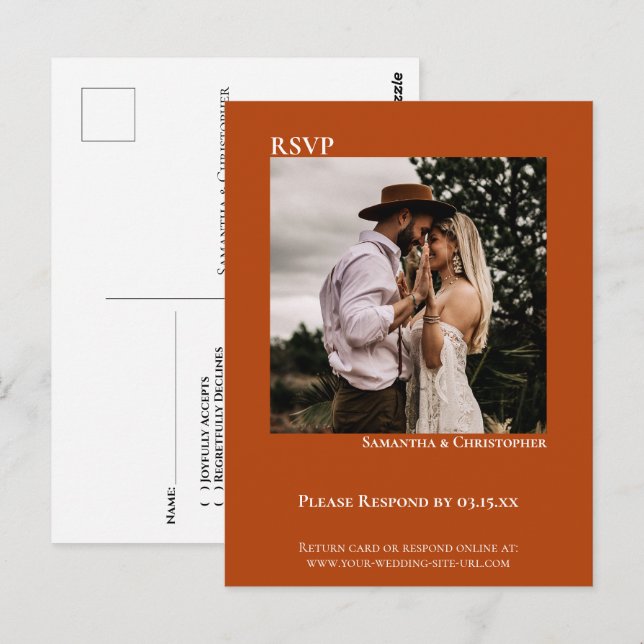 Minimalistisk modern rostorange bröllops-RSVP med  Vykort (Fram/baksida)