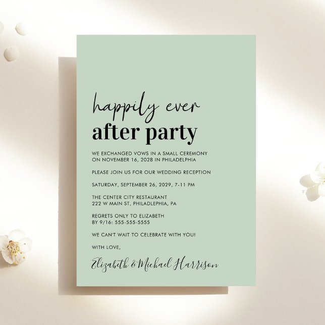 Minimalistisk Modern Salvia Grön Bröllopsmottagnin Meddelande (An chic Happily Ever After Party invitation for your wedding celebration)