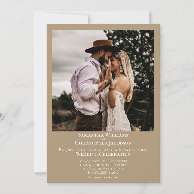 Minimalistisk Modern Sandy Tan Photo Bröllop Inbjudningar (Framsida)