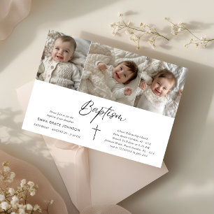Minimalistisk Modern Script Photo Collage Baptism Inbjudningar