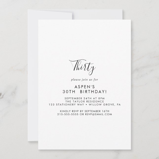 Minimalistisk modern skript 30-års födelsedagsinbj inbjudningar (Framsida)
