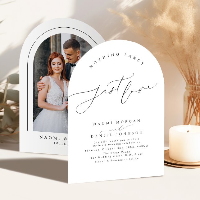 Minimalistisk Modern Skript Inget Tjafs Bara Kärle Inbjudningar (Minimal Modern Script Nothing Fancy Just Love Arch Invitation)