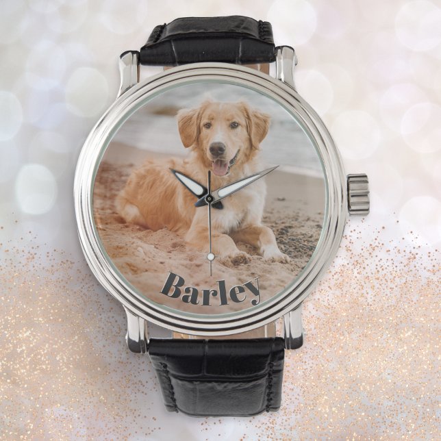 Minimalistisk modern stilren hund foto namn armbandsur (An elegant wristwatch to personalize with a photo of your pet dog and their name)