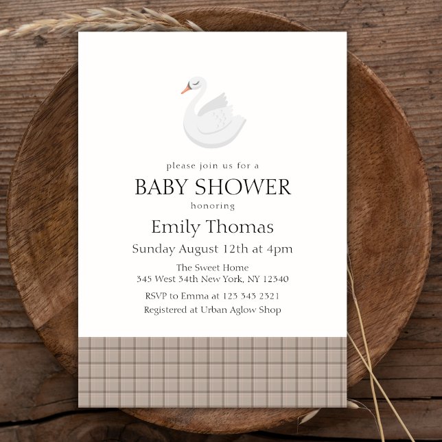 Minimalistisk modern Svan Gingham Boy Shower Inbjudningar (Minimalist Modern Swan Gingham Boy Baby Shower Invitation)