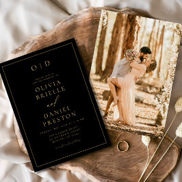 Minimalistisk Modern Svart Guld Bröllopsfoto Inbjudningar