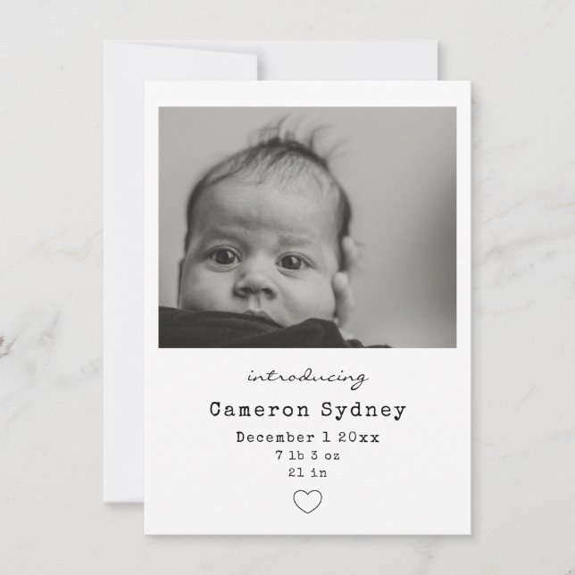 Minimalistisk Modern Svart och Vit Bebis Foto Föde Meddelande (Framsida)