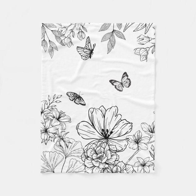 Minimalistisk modern, svart och vitt Blommönster Fleecefilt (Framsidan)