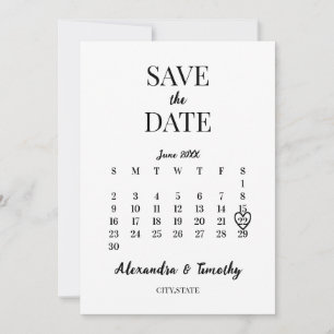 Minimalistisk Modern Svart & Vit Kalender Bröllop Spara Datumet