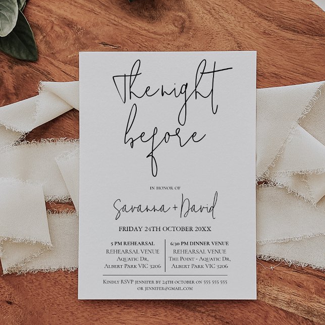 Minimalistisk, modern, svart, vit repetitionsmidda inbjudningar (Minimalist wedding rehearsal and dinner invitation with a modern calligraphy heading.)