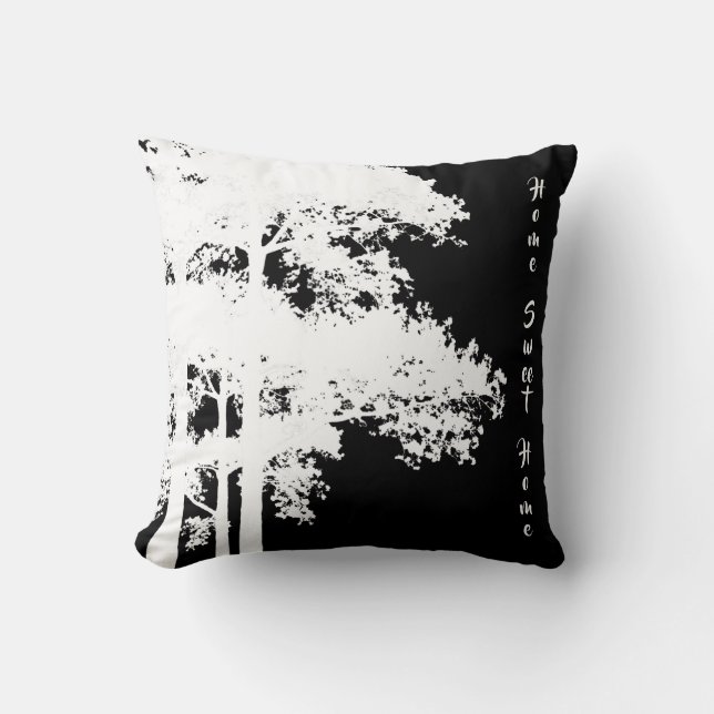 Minimalistisk modern svart vit träd-silhuett kudde (Framsida)