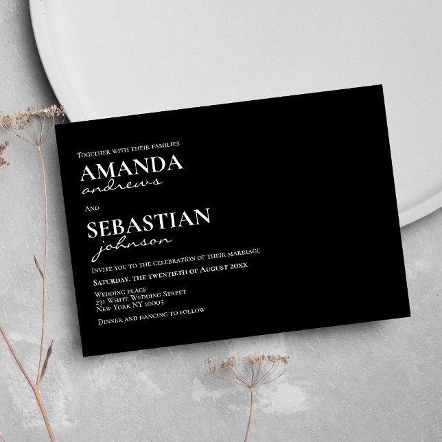 Minimalistisk modern svart vit typografi bröllop inbjudningar (Minimalist modern black white typography wedding)
