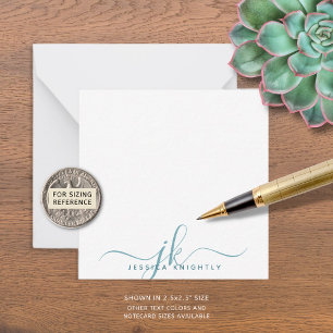 Minimalistisk modern Teal Script Monogram Anteckningskort