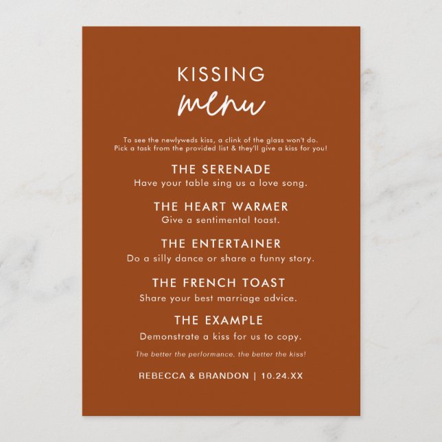 Minimalistisk Modern Terracotta Bröllop Kiss Menu Meny (Framsida)