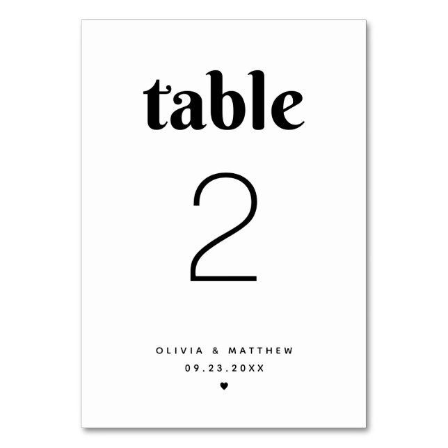 Minimalistisk modern typografi. Svart-vit bröllop Bordsnummer (Framsidan)
