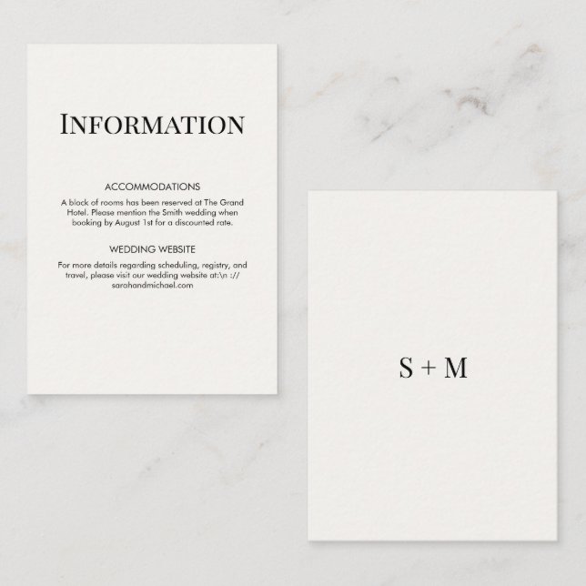 Minimalistisk Modern Typsnitts Bröllopsinformation Tilläggskort (Fram/baksida)