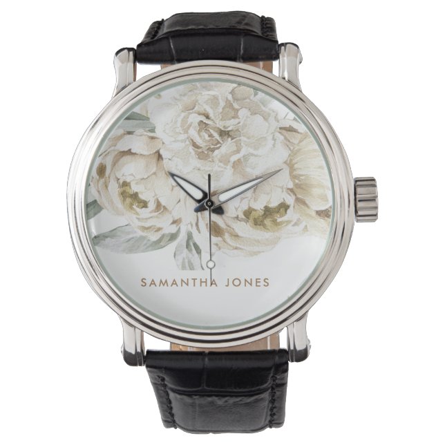 Minimalistisk Modern White Peonie Blommigt Waterco Armbandsur (Framsida)