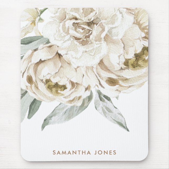 Minimalistisk Modern White Peonie Blommigt Waterco Musmatta (Framsidan)