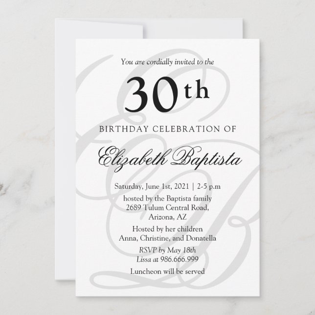 Minimalistisk monogram 30års födelsedag Party Inbjudningar (Framsida)